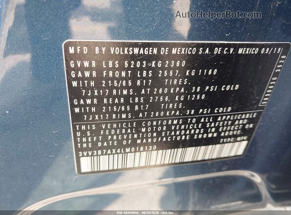 3VV3B7AX4LM018130 2020 VOLKSWAGEN TIGUAN Blue ძრავის განყოფილების ხედი
