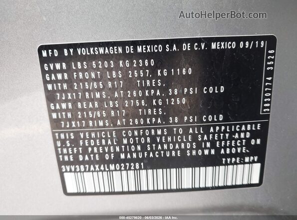 3VV3B7AX4LM027281 2020 VOLKSWAGEN TIGUAN Silver Вид підкапотного простору
