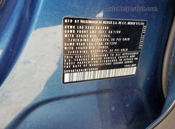 3VV3B7AX4LM158940 2020 VOLKSWAGEN TIGUAN Blue VIN կոդի պիտակի տեսք