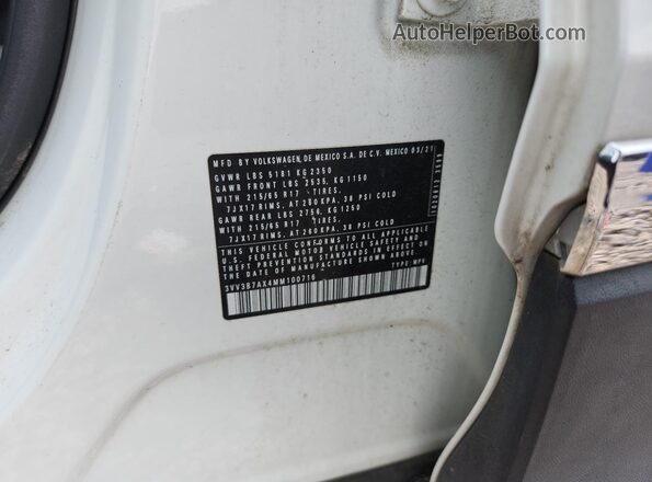 3VV3B7AX4MM100716 2021 VOLKSWAGEN TIGUAN White VIN კოდის სტიკერის ხედი