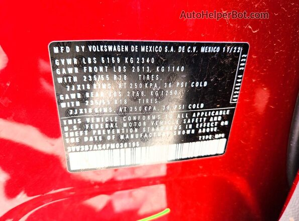 3VV3B7AX4PM036195 2023 VOLKSWAGEN TIGUAN Red VIN კოდის სტიკერის ხედი