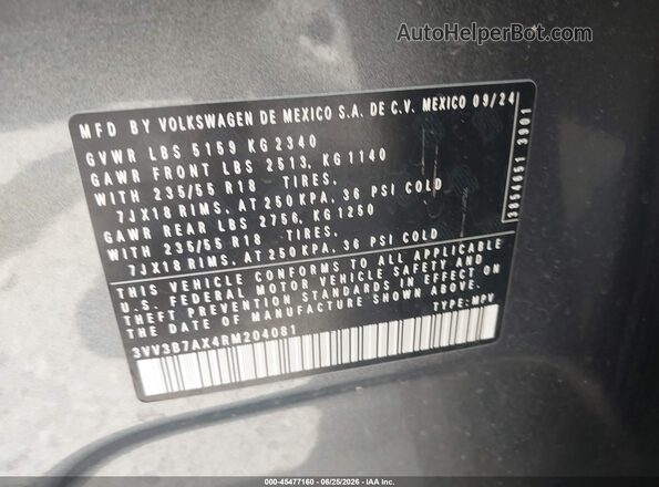 3VV3B7AX4RM204081 2024 VOLKSWAGEN TIGUAN Gray Շարժիչի բաժամունքի տեսք