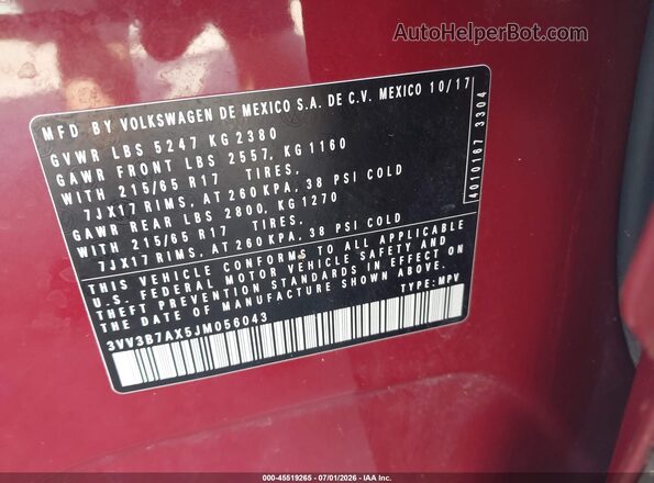 3VV3B7AX5JM056043 2018 VOLKSWAGEN TIGUAN Темно-бордовый Вид подкапотного пространства