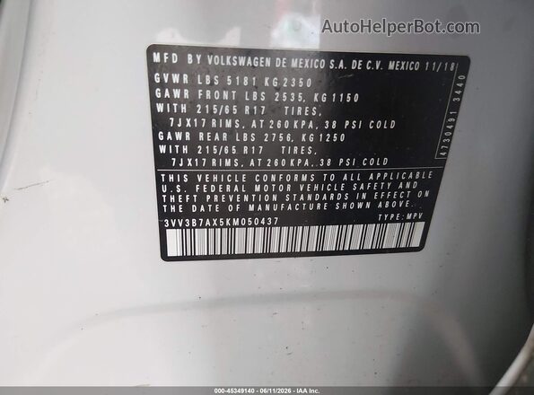 3VV3B7AX5KM050437 2019 VOLKSWAGEN TIGUAN Серебряный Вид наклейки с VIN-кодом