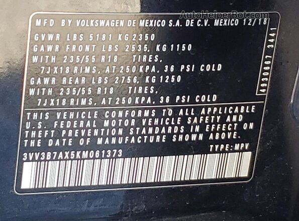 3VV3B7AX5KM061373 2019 VOLKSWAGEN TIGUAN Black 
