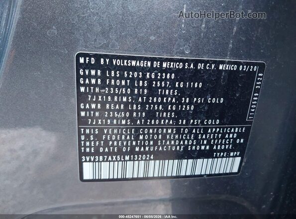 3VV3B7AX5LM132024 2020 VOLKSWAGEN TIGUAN Gray Շարժիչի բաժամունքի տեսք