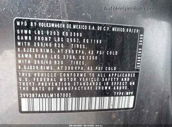 3VV3B7AX5LM167002 2020 VOLKSWAGEN TIGUAN Серый Вид подкапотного пространства
