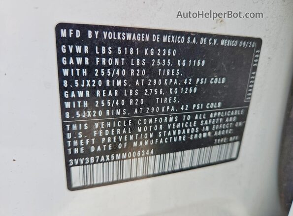 3VV3B7AX5MM006344 2021 VOLKSWAGEN TIGUAN White სალონის 360-გრადუსიანი ხედი