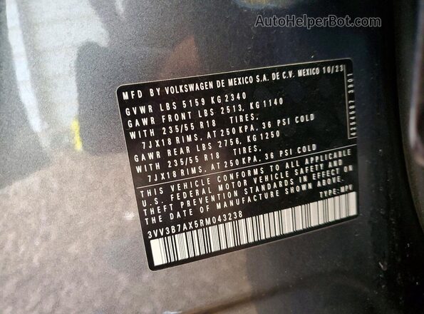 3VV3B7AX5RM043238 2024 VOLKSWAGEN TIGUAN Gray Widok naklejki z numerem VIN
