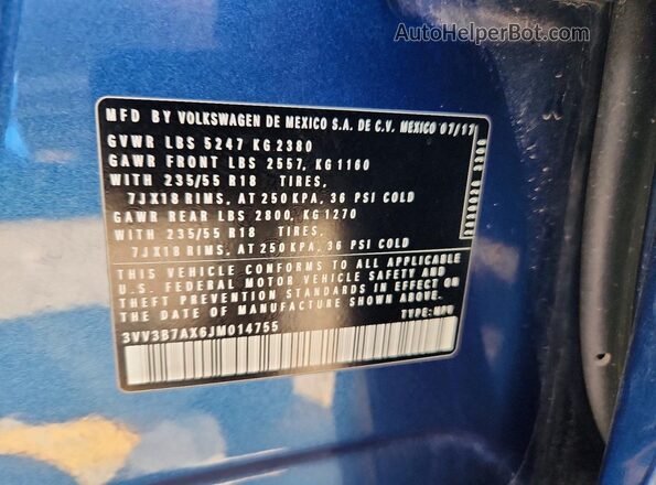 3VV3B7AX6JM014755 2018 VOLKSWAGEN TIGUAN Blue Շարժիչի բաժամունքի տեսք