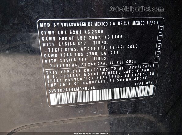 3VV3B7AX6LM080838 2020 VOLKSWAGEN TIGUAN Black Շարժիչի բաժամունքի տեսք