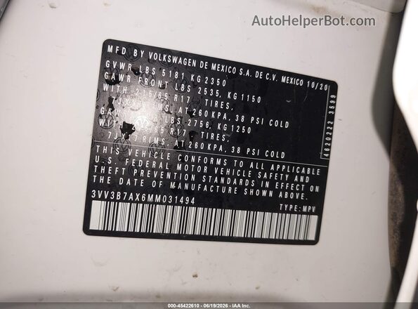 3VV3B7AX6MM031494 2021 VOLKSWAGEN TIGUAN Белый Вид подкапотного пространства