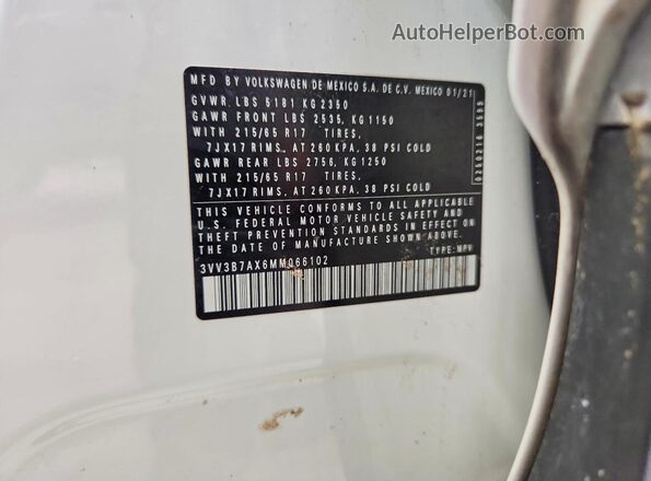 3VV3B7AX6MM066102 2021 VOLKSWAGEN TIGUAN White 