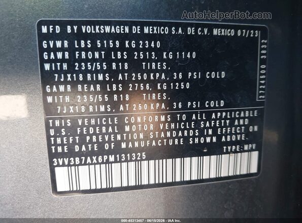 3VV3B7AX6PM131325 2023 VOLKSWAGEN TIGUAN Gray 