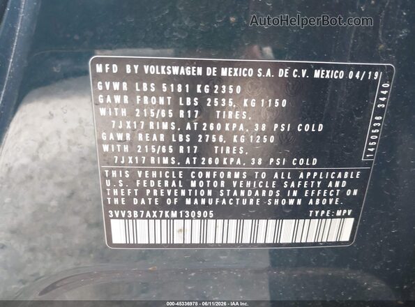 3VV3B7AX7KM130905 2019 VOLKSWAGEN TIGUAN Green Engine compartment view