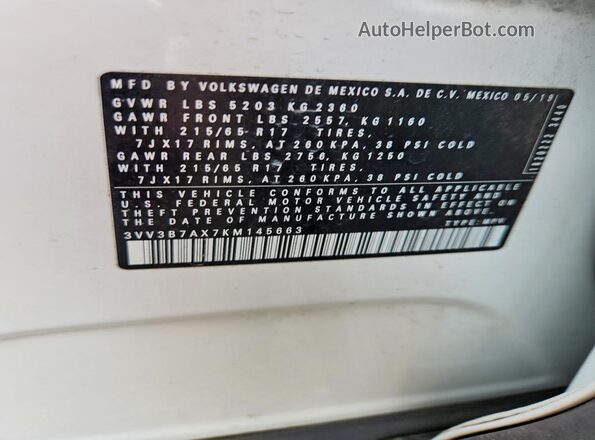 3VV3B7AX7KM145663 2019 VOLKSWAGEN TIGUAN White Вид наклейки з VIN-кодом
