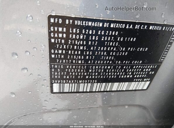3VV3B7AX7LM097325 2020 VOLKSWAGEN TIGUAN Серебряный Вид подкапотного пространства