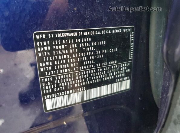 3VV3B7AX7MM012923 2021 VOLKSWAGEN TIGUAN Blue 