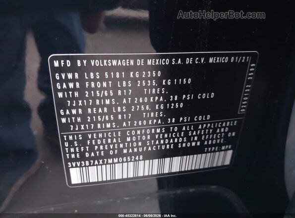 3VV3B7AX7MM065248 2021 VOLKSWAGEN TIGUAN Black Շարժիչի բաժամունքի տեսք