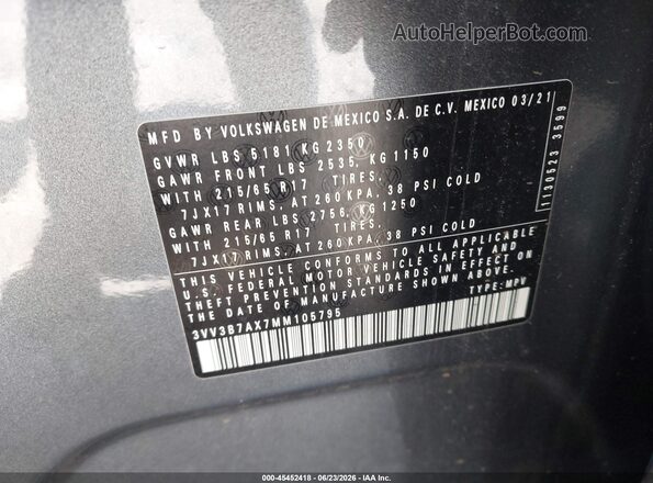 3VV3B7AX7MM105795 2021 VOLKSWAGEN TIGUAN Серый Вид подкапотного пространства