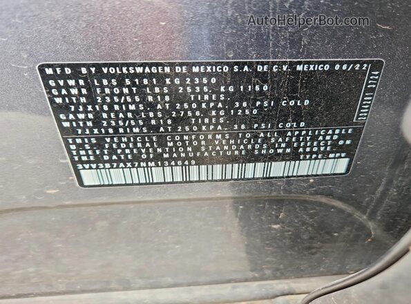 3VV3B7AX7NM134649 2022 VOLKSWAGEN TIGUAN Gray VIN կոդի պիտակի տեսք