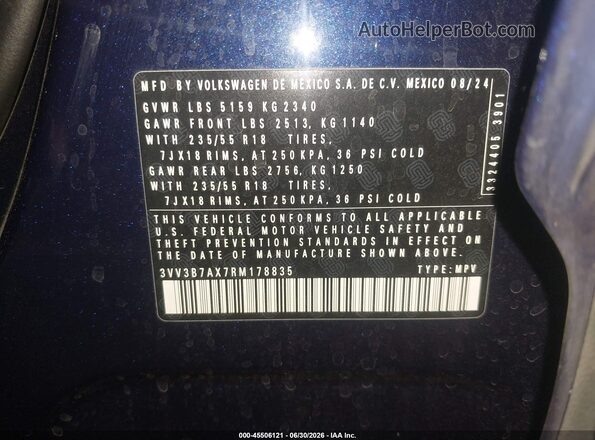 3VV3B7AX7RM178835 2024 VOLKSWAGEN TIGUAN Blue ძრავის განყოფილების ხედი