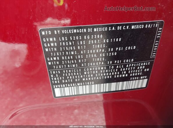 3VV3B7AX8LM011620 2020 VOLKSWAGEN TIGUAN Red Вид підкапотного простору