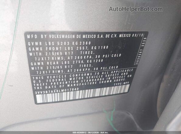 3VV3B7AX8LM017840 2020 VOLKSWAGEN TIGUAN Gray Vista del compartimento del motor