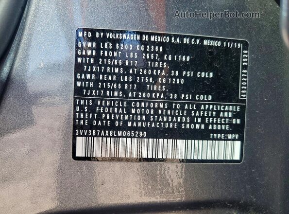 3VV3B7AX8LM065290 2020 VOLKSWAGEN TIGUAN Gray VIN կոդի պիտակի տեսք