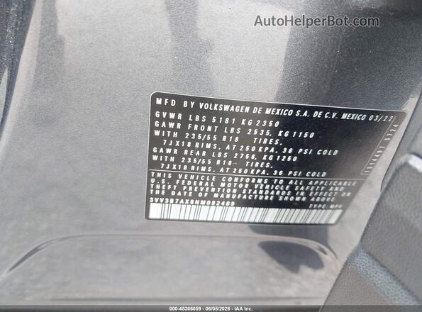 3VV3B7AX8NM092489 2022 VOLKSWAGEN TIGUAN Gray Вид підкапотного простору