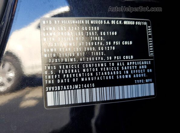 3VV3B7AX9JM214416 2018 VOLKSWAGEN TIGUAN Black Widok naklejki z numerem VIN