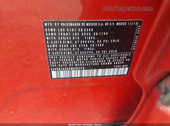 3VV3B7AX9KM039778 2019 VOLKSWAGEN TIGUAN Orange Widok komory silnika