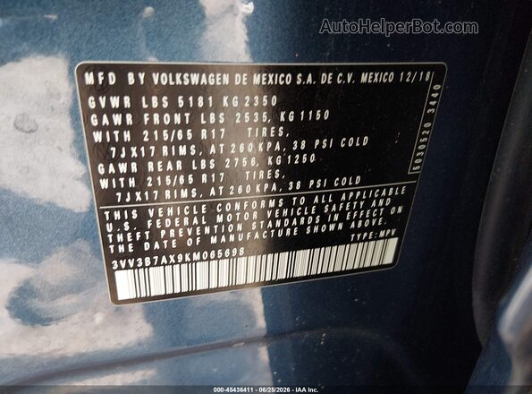 3VV3B7AX9KM065698 2019 VOLKSWAGEN TIGUAN Blue Շարժիչի բաժամունքի տեսք