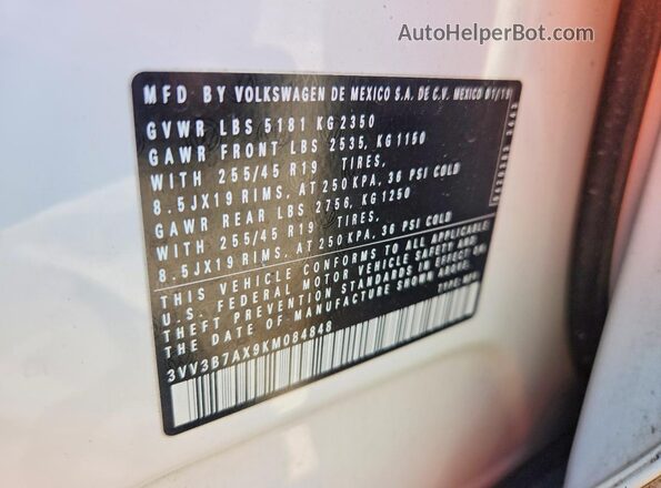 3VV3B7AX9KM084848 2019 VOLKSWAGEN TIGUAN White Панорамний вид салону 360°