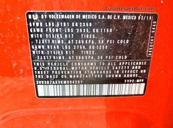 3VV3B7AX9KM094201 2019 VOLKSWAGEN TIGUAN Orange 