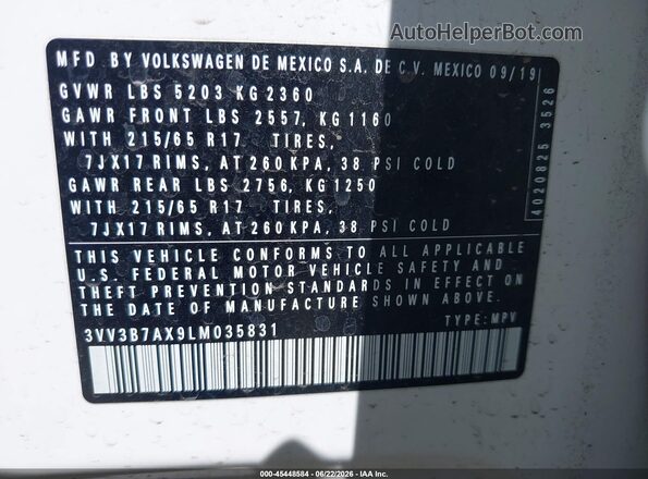 3VV3B7AX9LM035831 2020 VOLKSWAGEN TIGUAN White Widok komory silnika