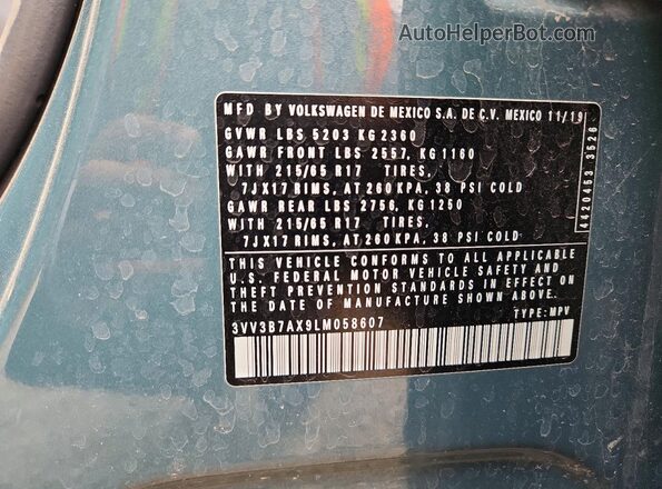3VV3B7AX9LM058607 2020 VOLKSWAGEN TIGUAN Blue Vista de la etiqueta del VIN