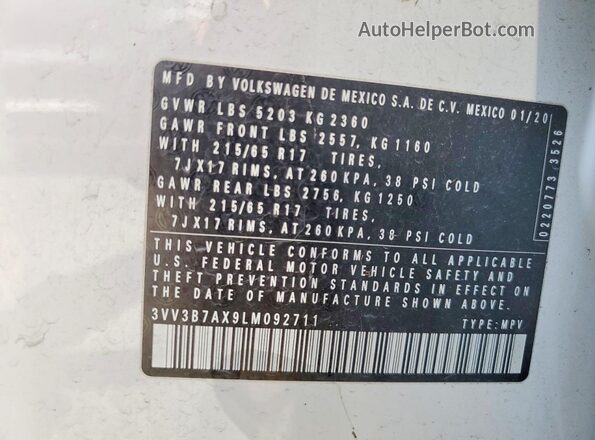3VV3B7AX9LM092711 2020 VOLKSWAGEN TIGUAN White 