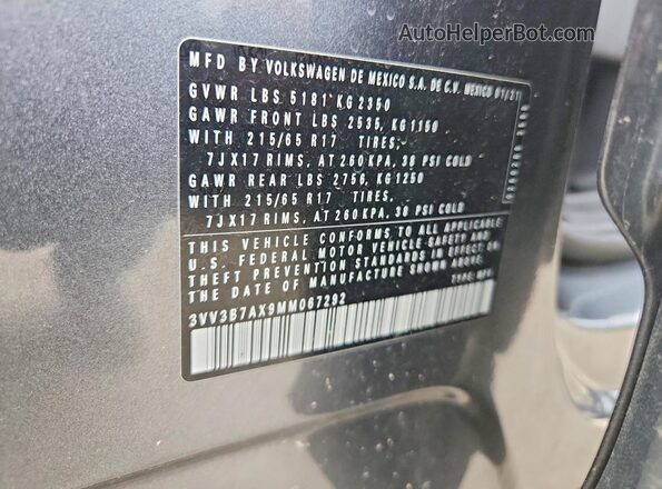 3VV3B7AX9MM067292 2021 VOLKSWAGEN TIGUAN Gray 
