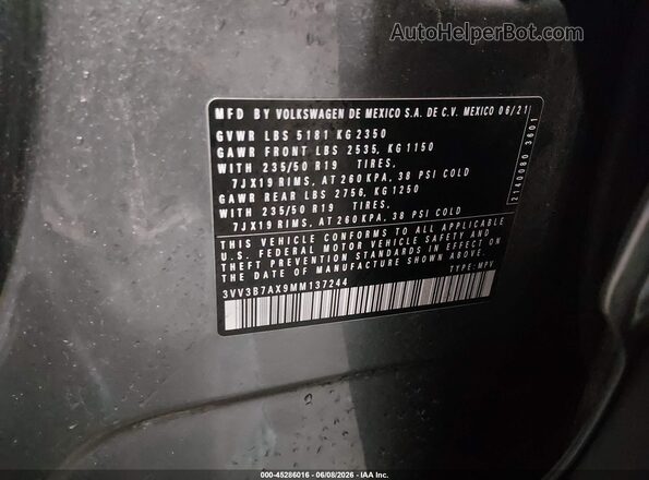 3VV3B7AX9MM137244 2021 VOLKSWAGEN TIGUAN Серый 