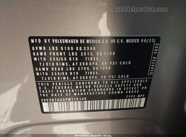 3VV3B7AX9PM115149 2023 VOLKSWAGEN TIGUAN Silver ძრავის განყოფილების ხედი
