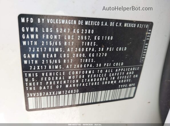3VV3B7AXXJM124630 2018 VOLKSWAGEN TIGUAN Белый Вид подкапотного пространства