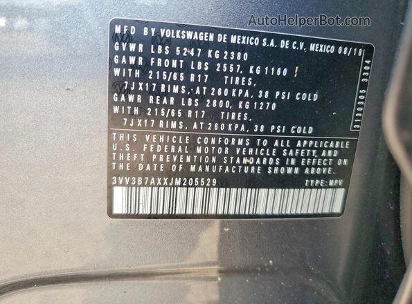 3VV3B7AXXJM205529 2018 VOLKSWAGEN TIGUAN Gray Вид наклейки з VIN-кодом