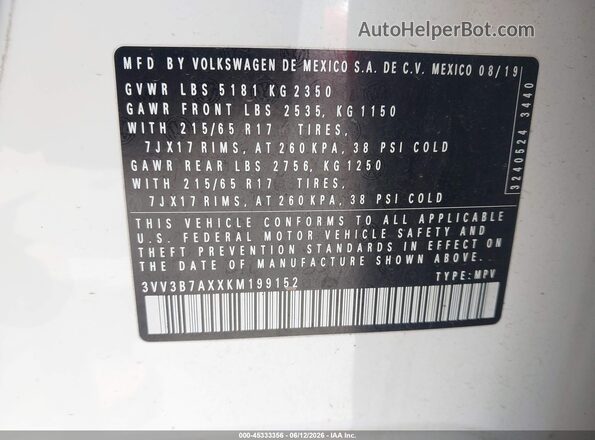 3VV3B7AXXKM199152 2019 VOLKSWAGEN TIGUAN Белый Вид подкапотного пространства