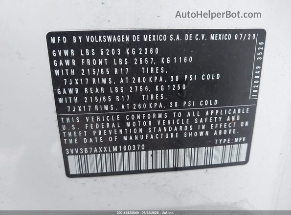 3VV3B7AXXLM160370 2020 VOLKSWAGEN TIGUAN White Engine compartment view