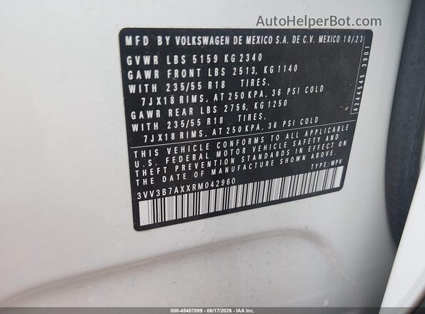 3VV3B7AXXRM042960 2024 VOLKSWAGEN TIGUAN White Շարժիչի բաժամունքի տեսք