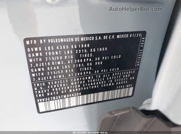 3VV3C7B25TM044204 2026 VOLKSWAGEN TAOS Blue Vista del compartimento del motor