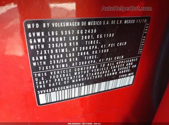 3VV4B7AX0KM039396 2019 VOLKSWAGEN TIGUAN Orange ძრავის განყოფილების ხედი