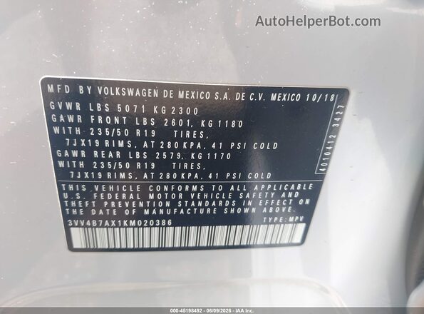 3VV4B7AX1KM020386 2019 VOLKSWAGEN TIGUAN Light Blue 