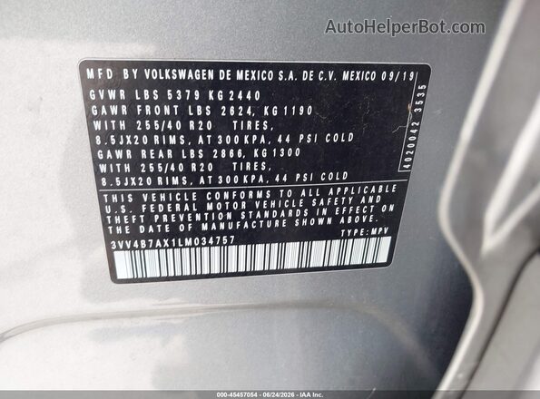 3VV4B7AX1LM034757 2020 VOLKSWAGEN TIGUAN Silver Շարժիչի բաժամունքի տեսք